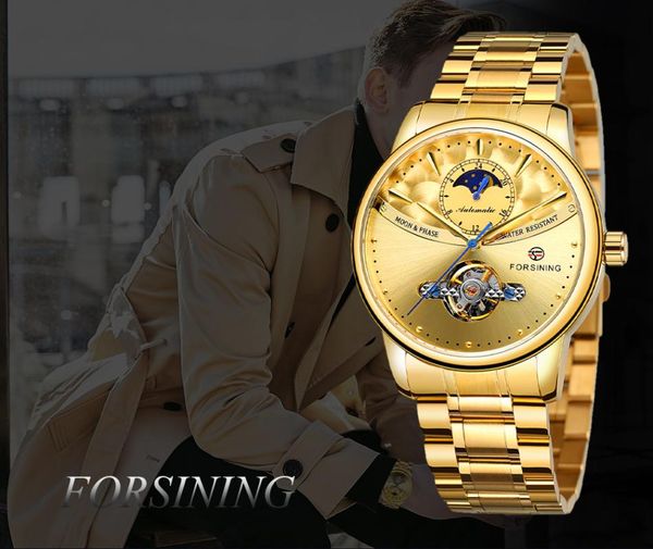 wristwatches forsining men's watches fashion tourbillon moon phase clock waterproof steel band automatic mechanical man watch relogio ma, Slivery;brown